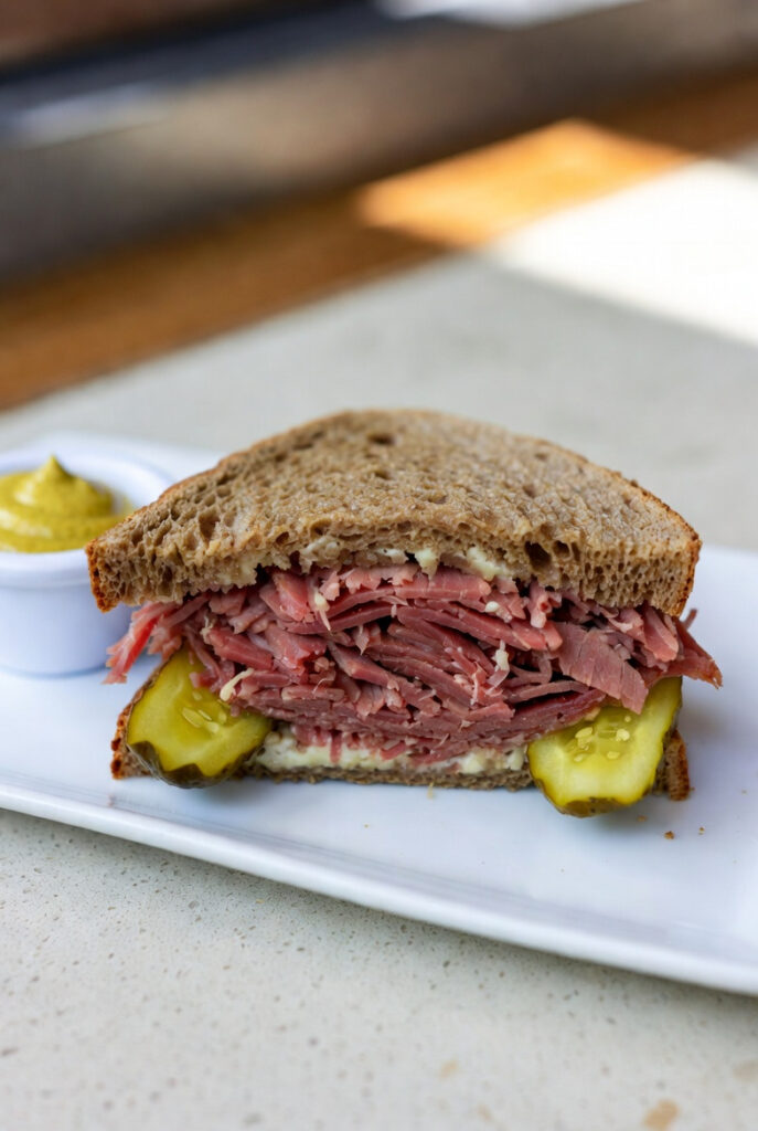Corned beef sandwich on rye bread with sliced pickles and mustard on the side.