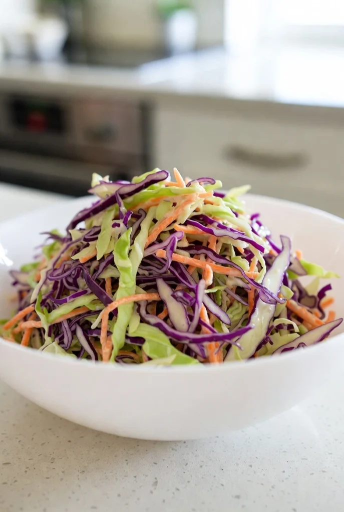 Fresh classic coleslaw salad with green cabbage purple cabbage and carrots in a white bowl