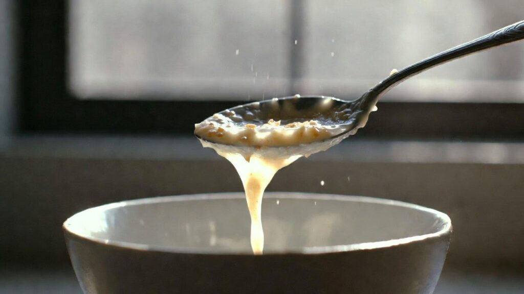 Spoon pouring creamy garlic sauce into a white bowl