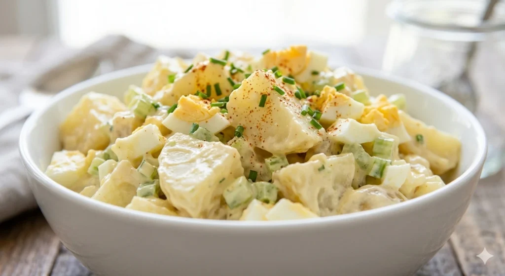 Creamy deli potato salad in a white bowl with eggs celery and chives