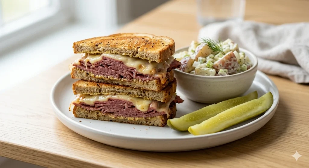 Corned beef sandwich on rye bread with melted cheese served with potato salad and pickles