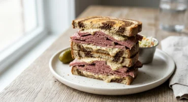 Corned beef sandwich on rye bread with creamy mustard sauce served on a plate