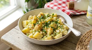 Deli potato salad served in a bowl with herbs and creamy dressing on a rustic table
