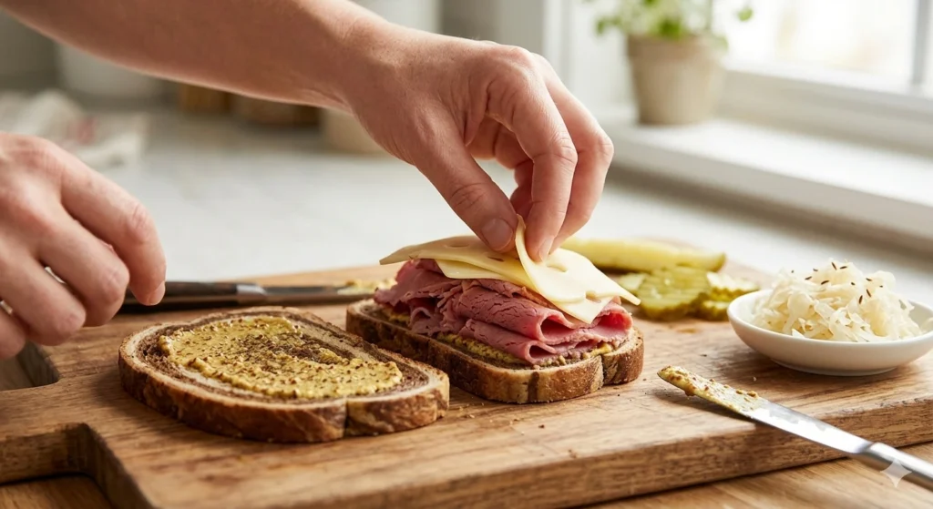 Hand adding cheese to a corned beef sandwich on rye bread with mustard and pickles nearby