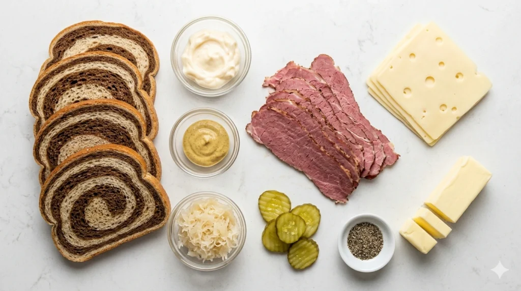 Corned beef sandwich ingredients including rye bread corned beef cheese mustard pickles sauerkraut and butter