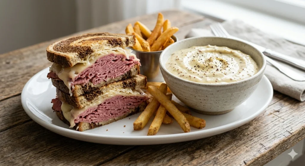 Mustard sauce for corned beef served in a bowl with sandwich and fries