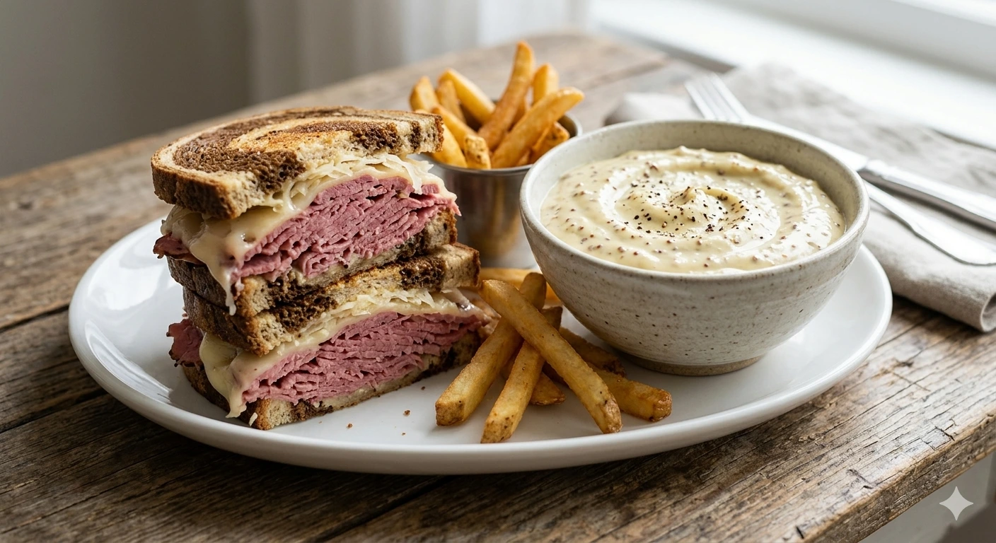Mustard sauce for corned beef served in a bowl with sandwich and fries