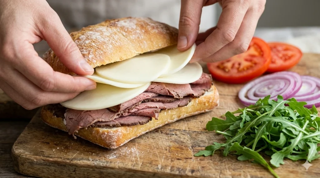 Roast beef sandwich on ciabatta bread with cheese tomato onion and arugula served on a wooden board