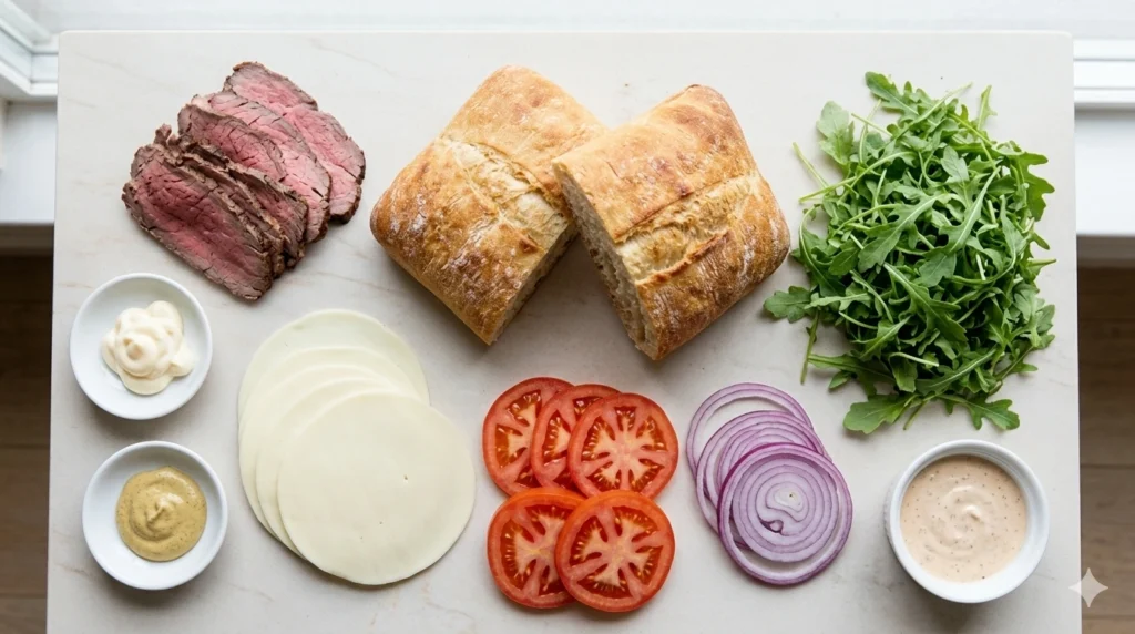 
This image shows the ingredients for a roast beef sandwich recipe laid out on a counter, including bread, sliced roast beef, cheese, tomato, red onion, arugula, and sauces. It is a useful supporting image for a quick lunch recipe because it gives readers a clear look at the ingredients before assembly.