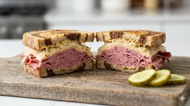Best corned beef sandwich on rye bread with cheese sauerkraut and pickles