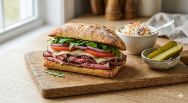 Hands adding white cheese slices to a roast beef sandwich on ciabatta bread