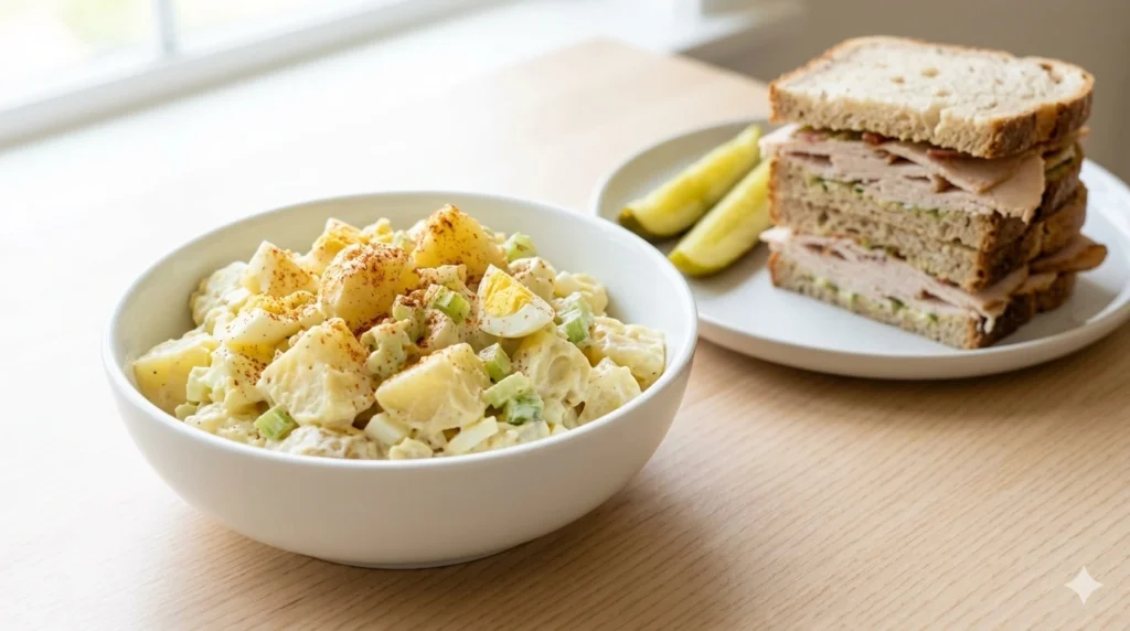 Deli potato salad in a bowl served with sandwich and pickles on the side
