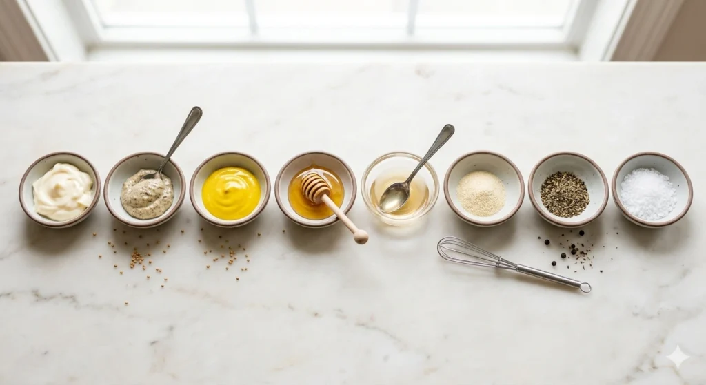 Ingredients for mustard sauce for corned beef including mayonnaise mustard honey vinegar and seasonings