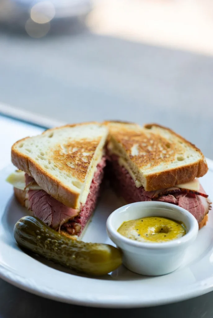 Grilled pastrami sandwich with mustard and pickle on a plate in NYC