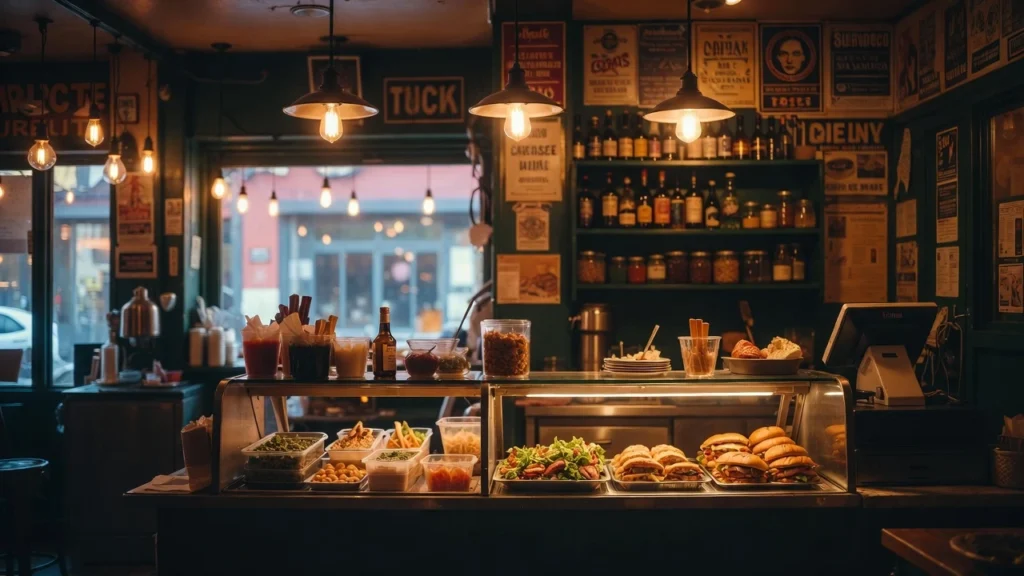 Classic NYC deli interior with sandwich counter and roast beef sandwiches on display