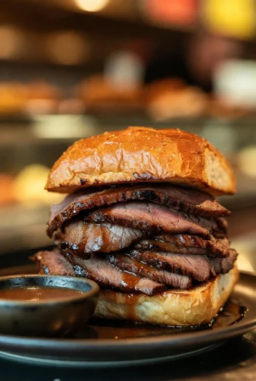 Best roast beef sandwich in NYC served with au jus on a toasted roll