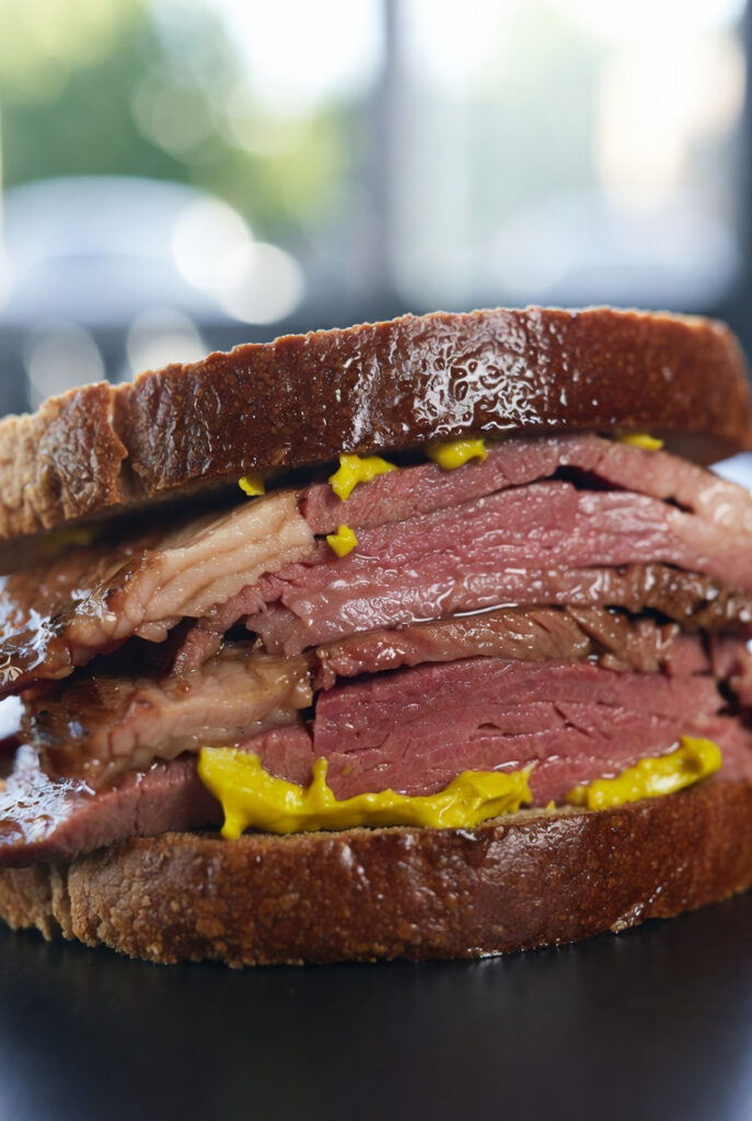Close-up of a thick corned beef sandwich on rye bread with yellow mustard.